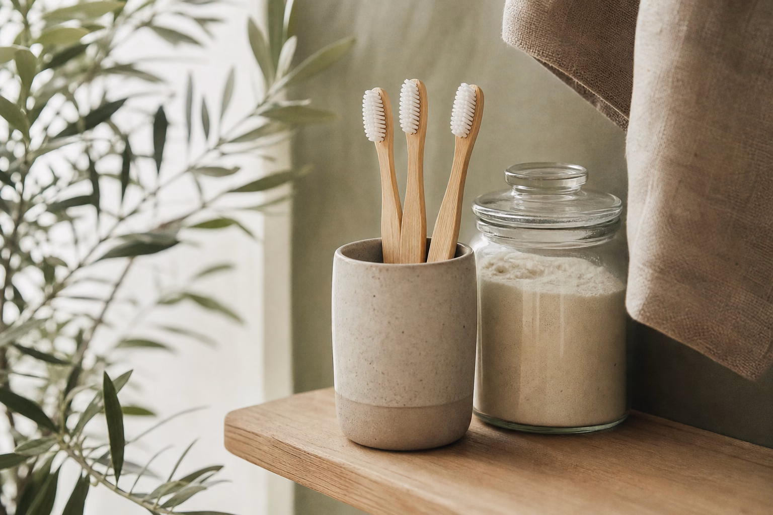 Bamboo toothbrushes arranged on a ceramic dish in a bright bathroom
