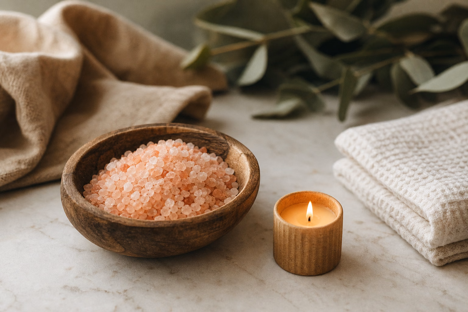 Himalayan bath salts and candles beside a white bathtub