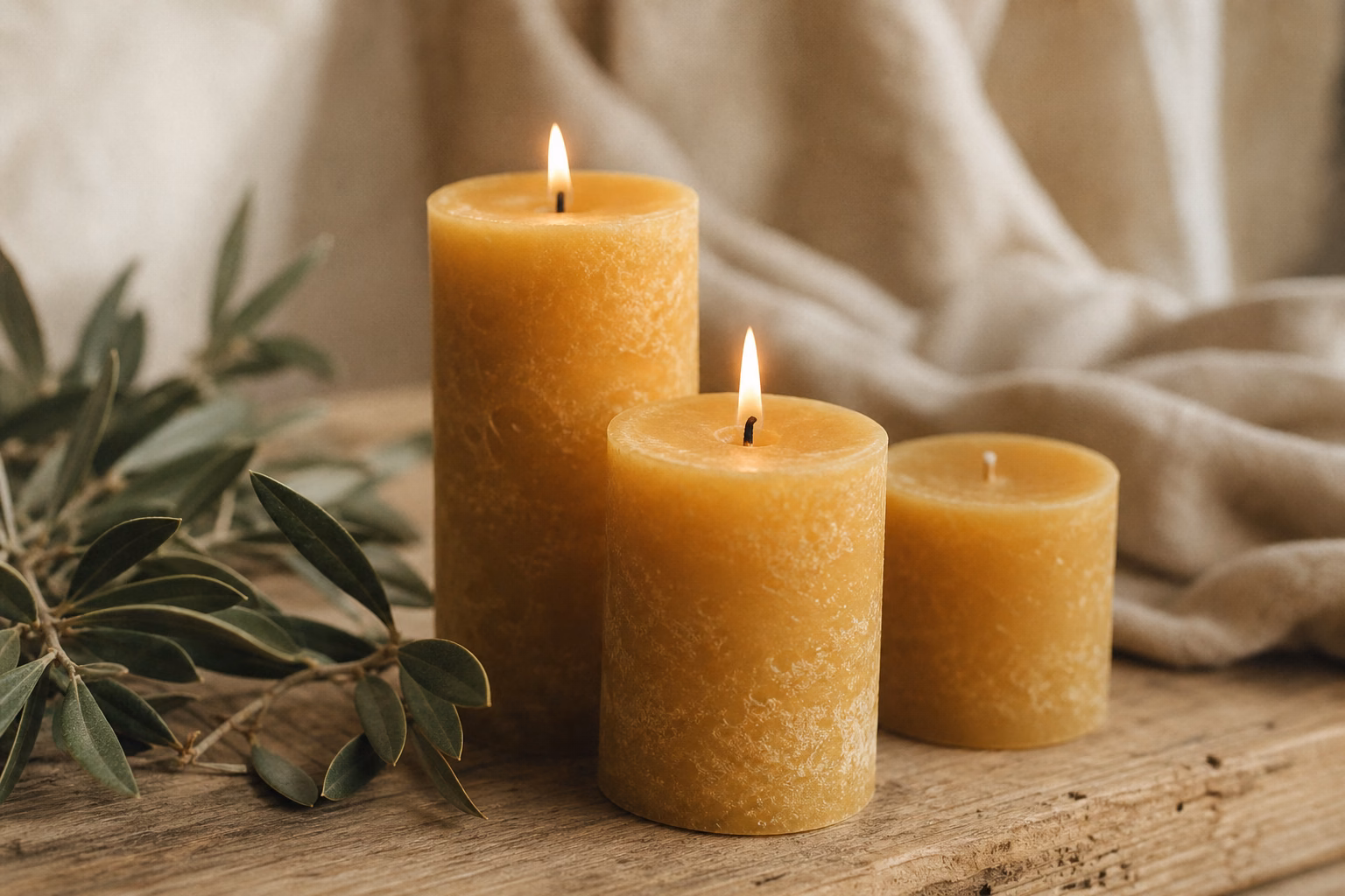 Beeswax candles glowing warmly on a wooden surface