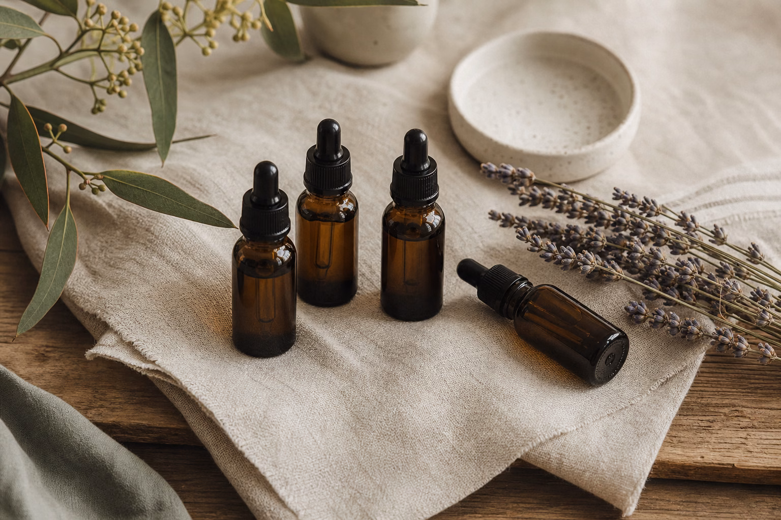 Glass bottles of essential oils with dried botanicals