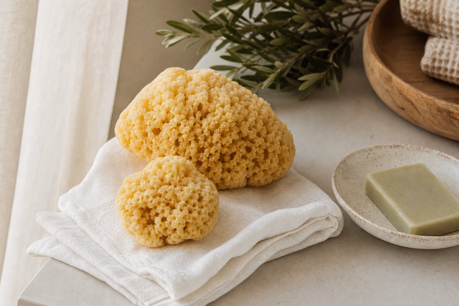 Natural sea sponges resting on a folded white linen towel