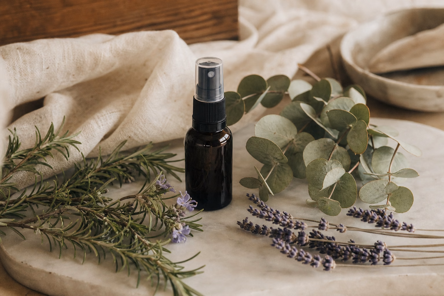 Herbs and essential oil bottles for natural pest prevention